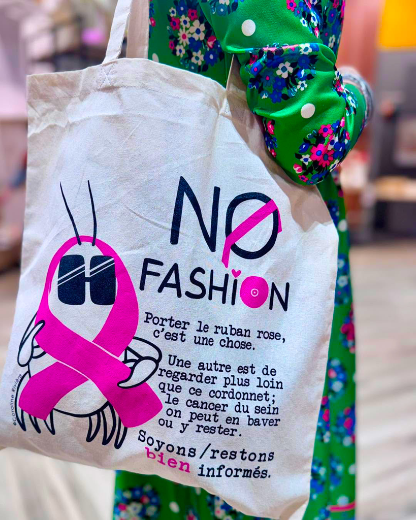 Tote bag "No Fashion" ruban rose cancer du sein